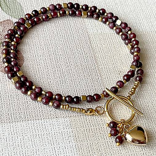 Luxury Garnet Necklace Heart Stainless Steel / Náhrdelník granát, prívesok srdce, oceľ E011