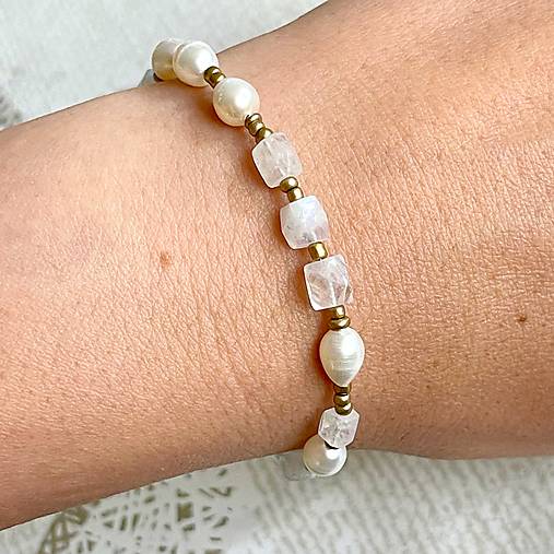 Luxury Moonstone Pearls Bracelet Stainless Steel / Náramok Mesačný kameň, perly E010