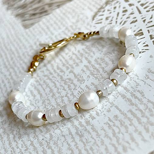 Luxury Moonstone Pearls Bracelet Stainless Steel / Náramok Mesačný kameň, perly E010