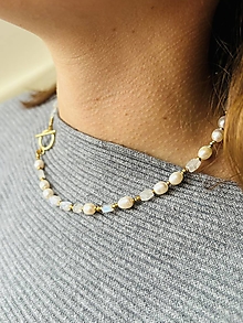 Náhrdelníky - Luxury Pearl and Moonstone Necklace Stainless Steel / Náhrdelník mesačný kameň, perly, oceľ E010 - 16340243_