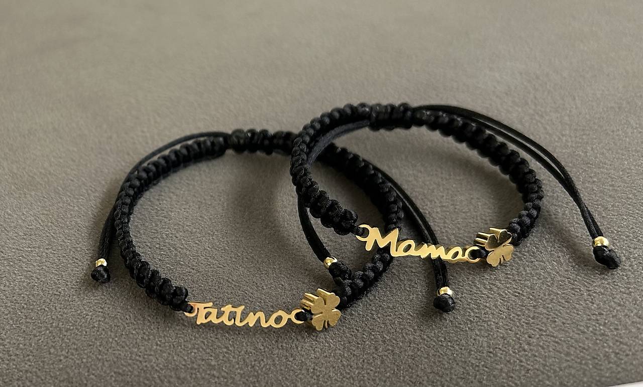 Sat - saténový pletený náramok “Tatino” so štvorlístkom z chirurgickej ocele + “Mama” so štvorlístkom z ocele