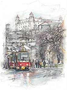 Grafika - Fine Art Print "Ranná električka v Bratislave" (14 z 21 cm) - 16357255_