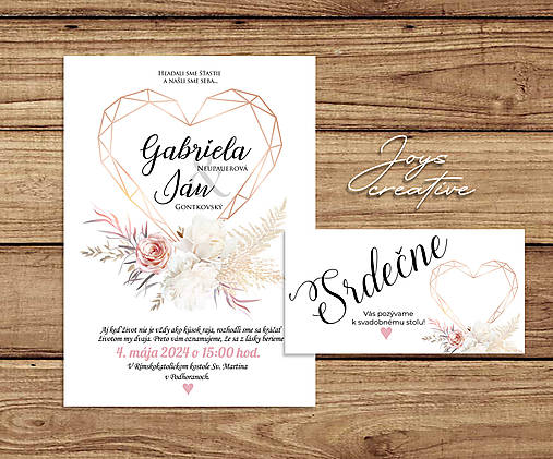 Svadobné oznámenie s geometrickým srdiečkom s kvetmi, pozvánky zdarma (rose-gold srdce, ruže a tráva)