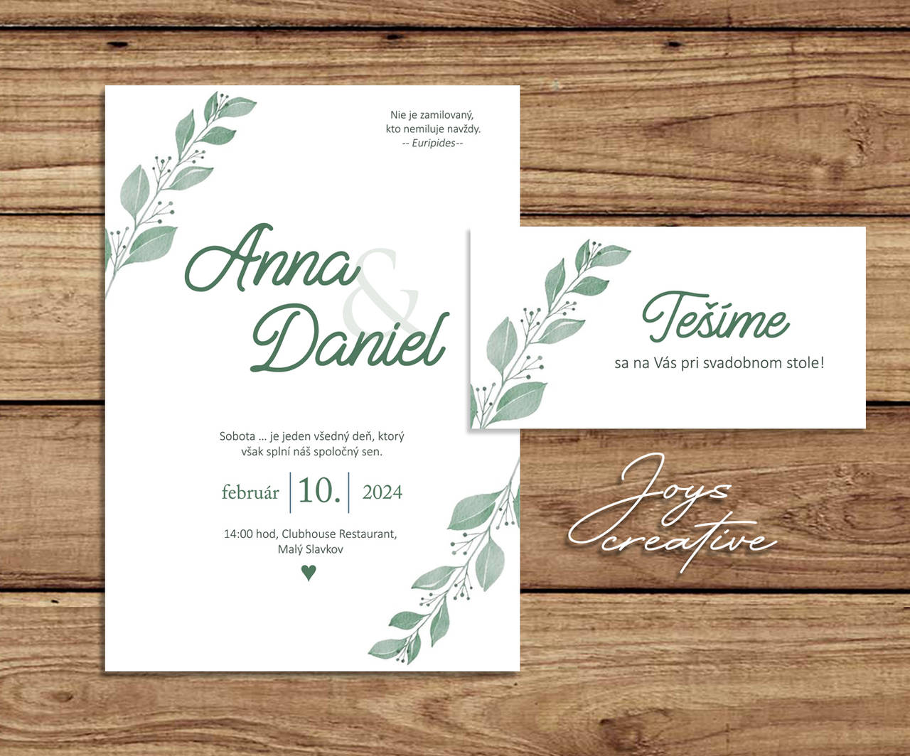 Svadobné oznámenie v štýle "Greenery" (lístky s guličkami)