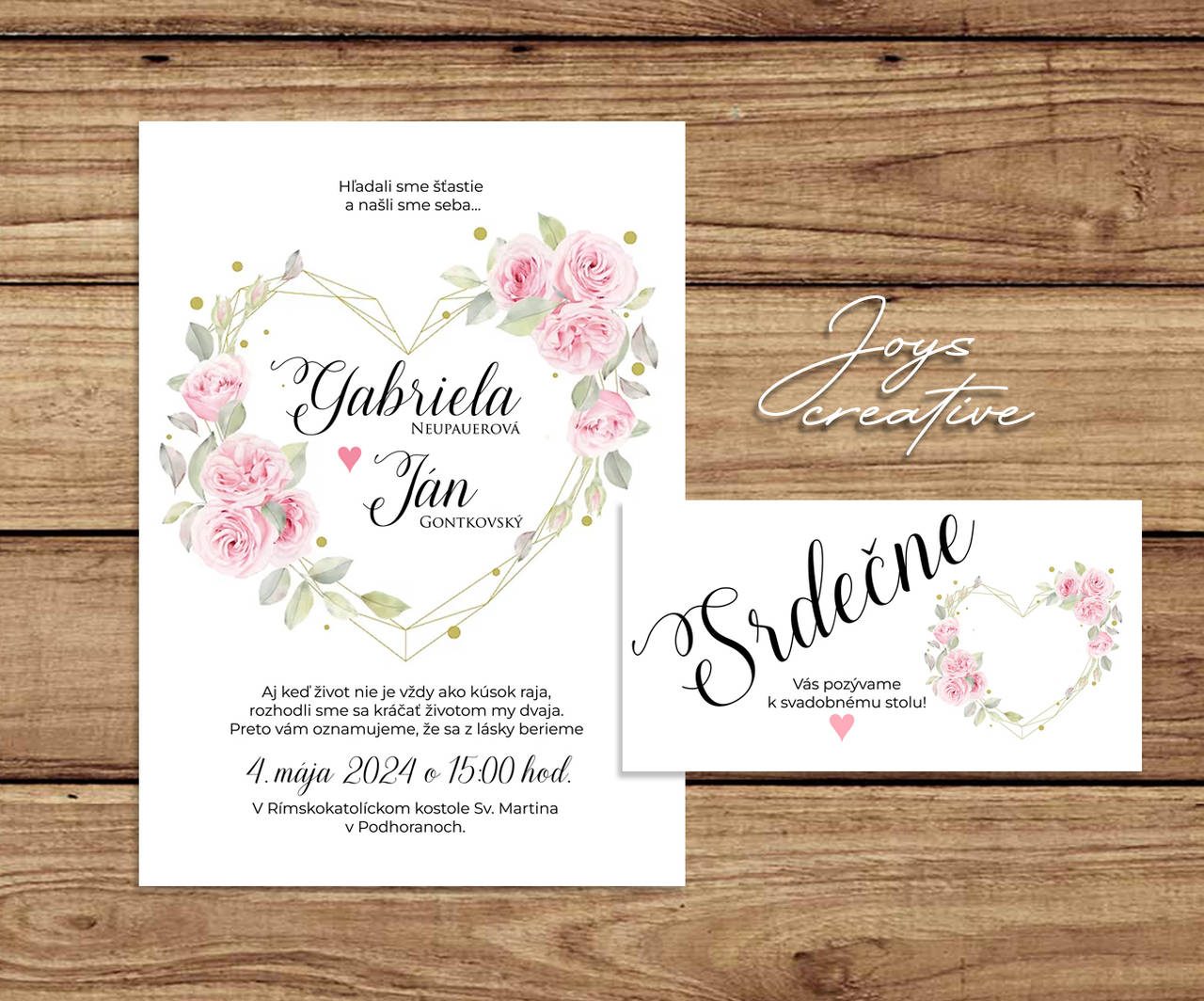 Svadobné oznámenie s geometrickým srdiečkom s kvetmi (ružové kvety)