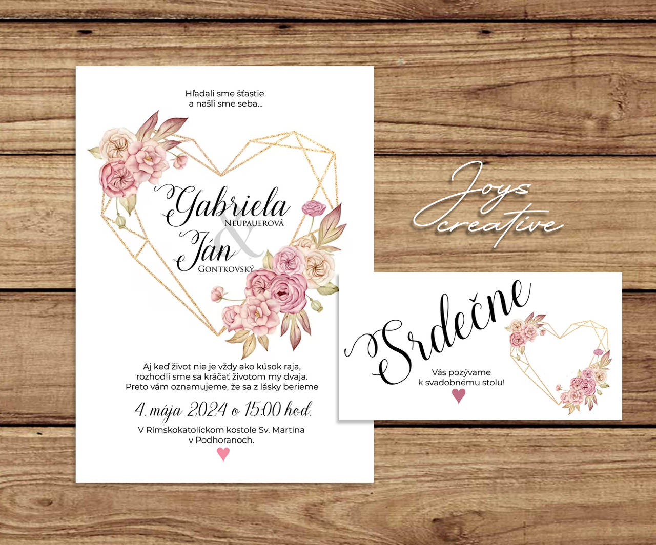 Svadobné oznámenie s geometrickým srdiečkom s kvetmi (zlaté srdce bordové kvety)