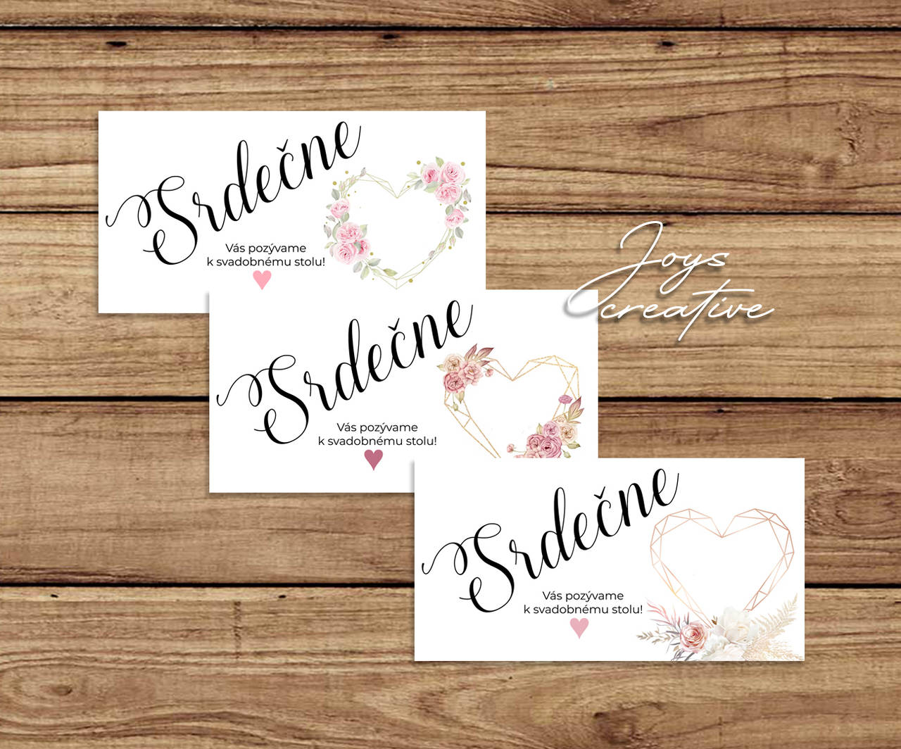 Svadobné oznámenie s geometrickým srdiečkom s kvetmi (pozvánky k stolu)