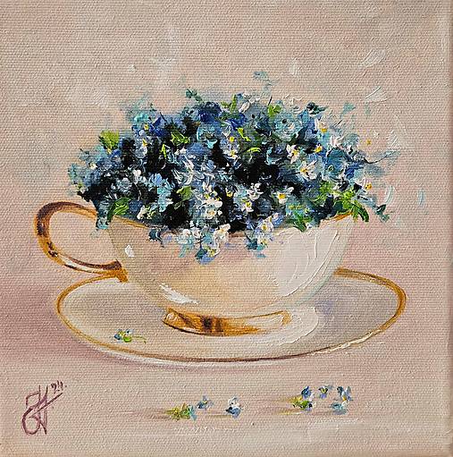 Obrazy - Obraz "Nezábudky v šálke"- olejomaľba na plátne, 20x20cm - 16364134_
