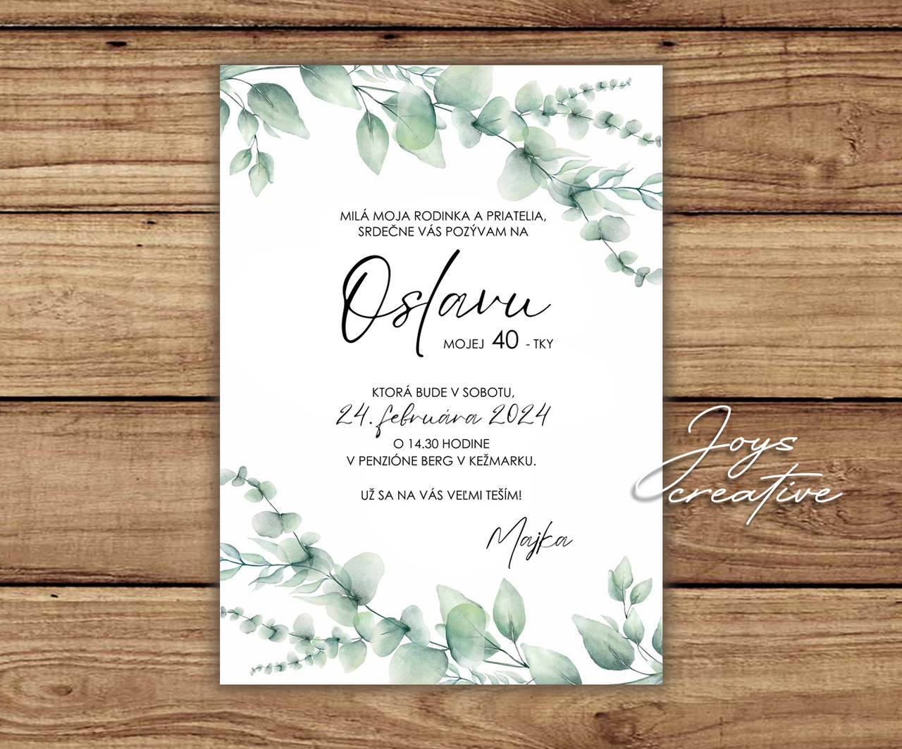 Pozvánka na narodeniny, narodeninová pozvánka na 50 v štýle greenery s lístkami (vzor 1)
