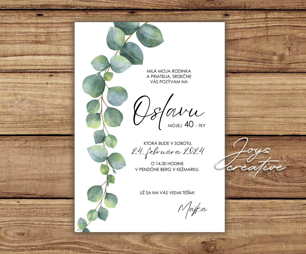 Pozvánka na narodeniny, narodeninová pozvánka na 50 v štýle greenery s lístkami (vzor 2)