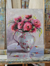 Obrazy - Obraz "Červené ruže v džbáne"-olejomaľba, 25x34 cm - 16382383_