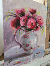 Obrazy - Obraz "Červené ruže v džbáne"-olejomaľba, 25x34 cm - 16382384_