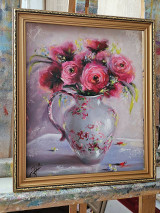 Obrazy - Obraz "Červené ruže v džbáne"-olejomaľba, 25x34 cm - 16382387_