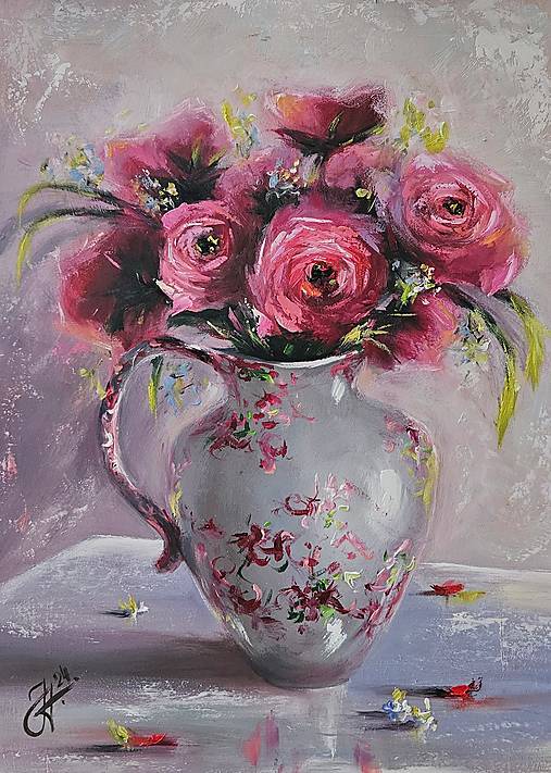 Obraz "Červené ruže v džbáne"-olejomaľba, 25x34 cm