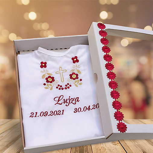 Detské oblečenie - Košieľka na krst  k14 bordová so zlatou v darčekovom balení - 16383580_