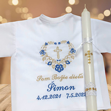 Detské oblečenie - Košieľka na krst k05 tmavomodrá zlatá a sviečka na krst zlatý krížik - 16383546_