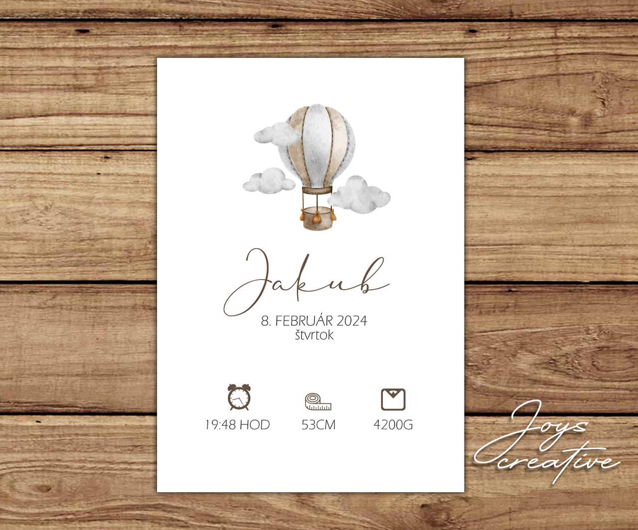 Personalizovaný plagát do detskej izby s balónom a údajmi o narodení (vzor 1)