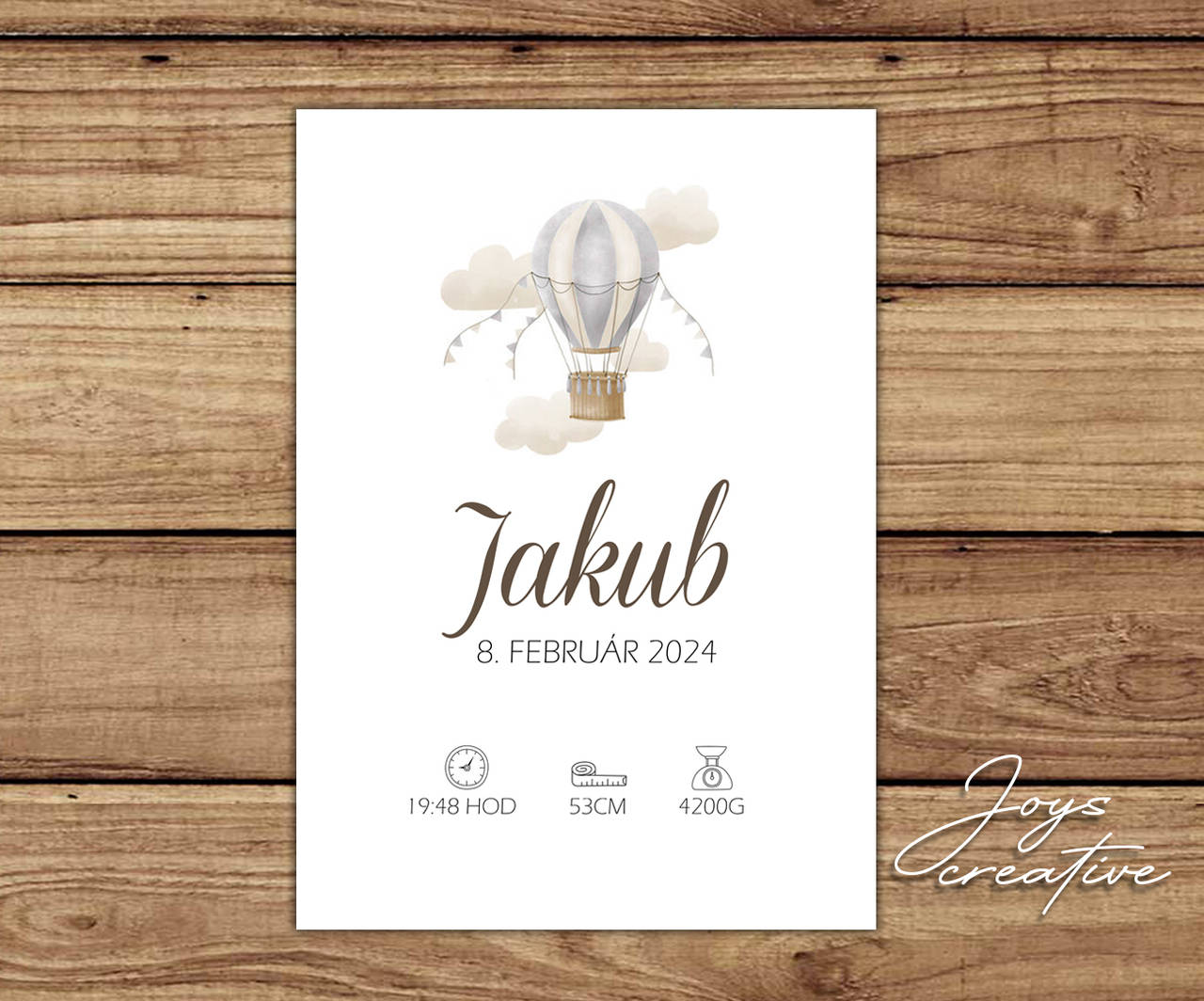 Personalizovaný plagát do detskej izby s balónom a údajmi o narodení (vzor 3)