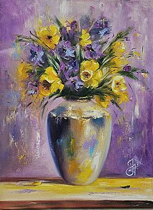 Obrazy - Obraz "Fialovo-žltá kytica kvetov"-olejomaľba, plátno, 30x40 cm - 16385454_