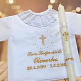 Detské oblečenie - Košieľka na krst k01 sýto-zlatá a sviečka na krst zlatý krížik (Som Božie dieťa) - 16384475_