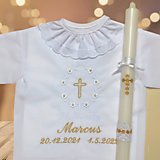 Detské oblečenie - Košieľka na krst k01 sýto-zlatá a sviečka na krst zlatý krížik (Som Božie dieťa) - 16384503_