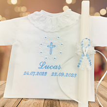 Detské oblečenie - Košieľka na krst, k01 modrá biela a sviečka na krst biele srdiečko modré kvietky - 16386402_