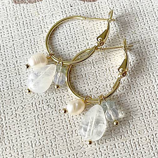 Moonstone, Pearl, Aquamarine Gold Earrings / Kruhové náušnice mesačný kameň, akvamarín, perla E021