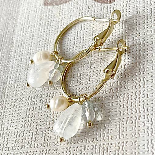 Moonstone, Pearl, Aquamarine Gold Earrings / Kruhové náušnice mesačný kameň, akvamarín, perla E021