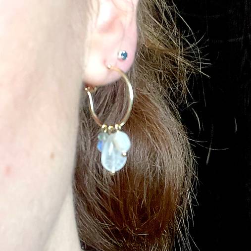 Moonstone, Pearl, Aquamarine Gold Earrings / Kruhové náušnice mesačný kameň, akvamarín, perla E021