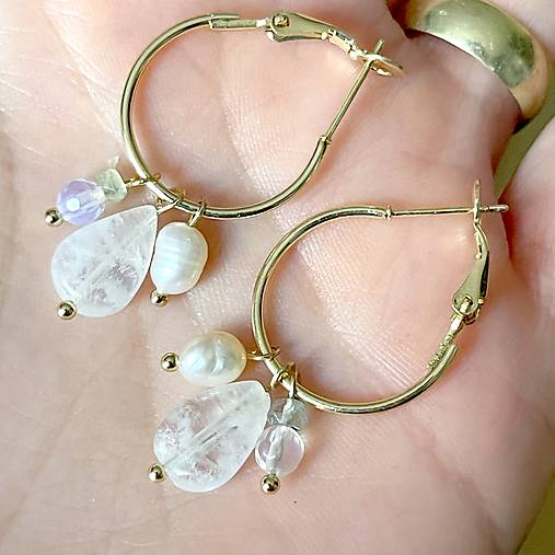 Moonstone, Pearl, Aquamarine Gold Earrings / Kruhové náušnice mesačný kameň, akvamarín, perla E021