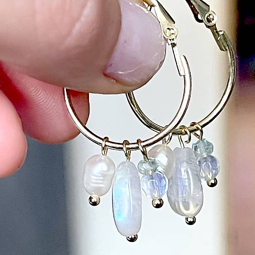 Moonstone, Pearl, Aquamarine Gold Earrings / Kruhové náušnice mesačný kameň, akvamarín, perla E021