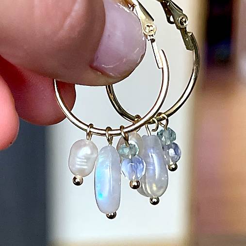 Moonstone, Pearl, Aquamarine Gold Earrings / Kruhové náušnice mesačný kameň, akvamarín, perla E021