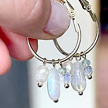 Náušnice - Moonstone, Pearl, Aquamarine Gold Earrings / Kruhové náušnice mesačný kameň, akvamarín, perla E021 - 16386989_