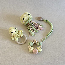 Hračky - Set: medúza, hrkálka chobotnica, hryzátko a retiazka na cumlík / farba na želanie (žlto-zelená) - 16387554_
