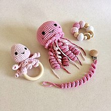 Hračky - Set: medúza, hrkálka chobotnica, hryzátko a retiazka na cumlík / farba na želanie (ružová) - 16387569_