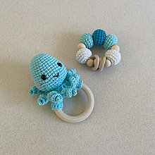 Hračky - Set: hrkálka chobotnička a hryzátko / farba na želanie (tyrkysovo-modrá) - 16387617_