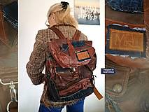 Batohy - Hnedý kožený a rifľový batoh-Unisex luxusný ruksak - 16389168_