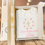 Detské oblečenie - Košieľka na krst k01 ružová zlatá v darčekovej krabičke + krstová sviečka zlatý krížik - 16389289_