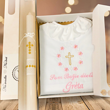Detské oblečenie - Košieľka na krst k01 ružová zlatá v darčekovej krabičke + krstová sviečka zlatý krížik - 16389289_