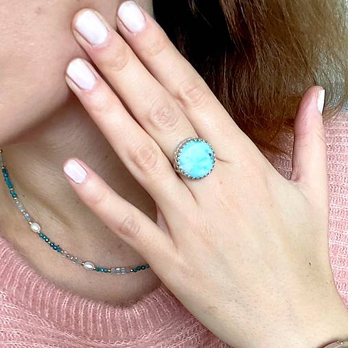 Filigree Larimar Ag925 Silver Ring  / Strieborný filigránový prsteň s larimarom E022