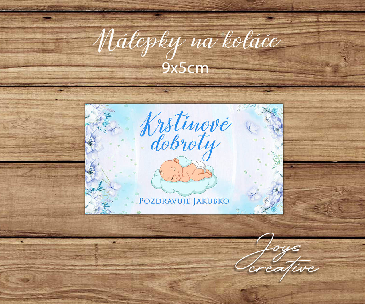 Nálepky na výslužky, krstinové koláčiky s bábätkom (pre chlapčeka)