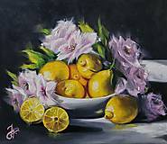 Obrazy - Obraz "Zátišie s citrónmi" - olejomaľba, plátno, 40x35 cm - 16391353_