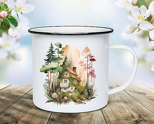 Nádoby - CHATKA V LESE - biely smaltovaný hrnček so strieborným lemom - 16389626_