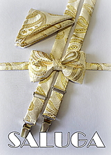 Pánske doplnky - Pánsky zlatý vzorovaný set - motýlik a traky + vreckovka - svadobný - 16395945_
