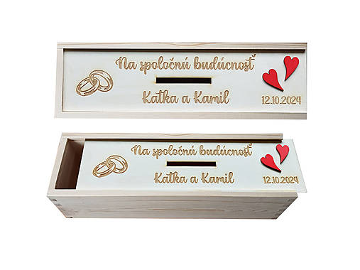Drevená svadobná pokladnička s menami a dátumom