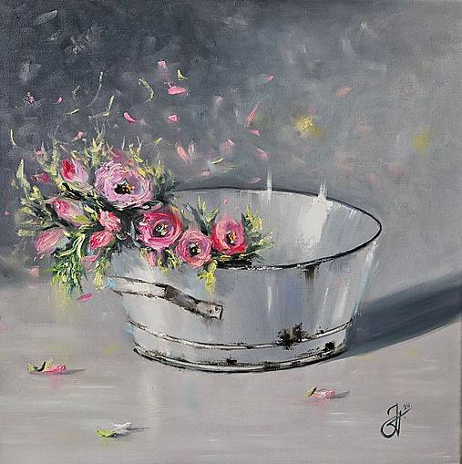 Obraz "Kvety v plechovej nádobe", 40x40 cm. Olejomaľba.