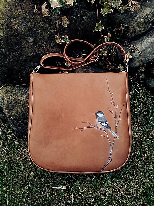 EMA kožená kabelka s maľbou vtáčika