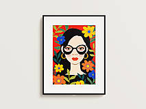 Grafika - Print Art| Žena s okuliarmi, obklopená farebnými kvetmi - 16400844_
