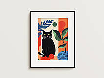 Grafika - Print Art| Černá kočka sedící u rostliny - 16401117_