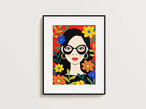 Grafika - Print Art| Žena s okuliarmi, obklopená farebnými kvetmi - 16400844_